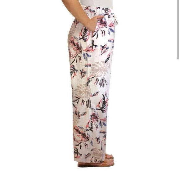 Briggs tropical floral print wide leg Linen pants palazzo tan coastal beach M - Picture 2 of 11
